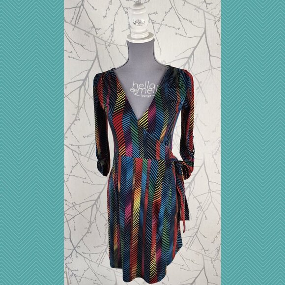 BCBGeneration Rainbow Chevron Stripe Stretch Knit Wrap Dress - Picture 1 of 4